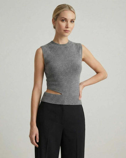 Monaco Top by Lauven - Women’s sleeveless knit top with cutout design in gray.