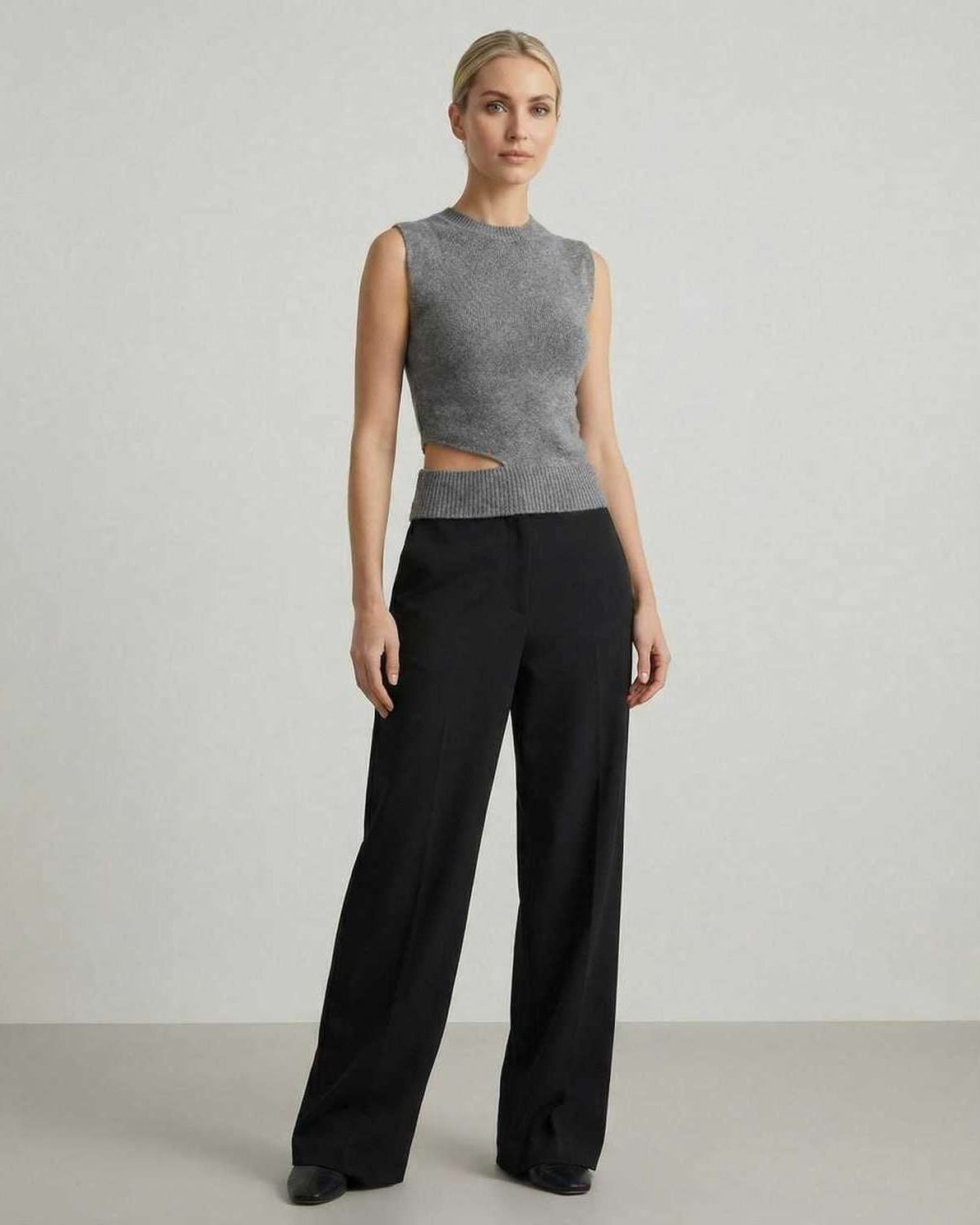 Monaco Top by Lauven, women's sleeveless knit top with side cutout design, ideal for casual elegant dressing.