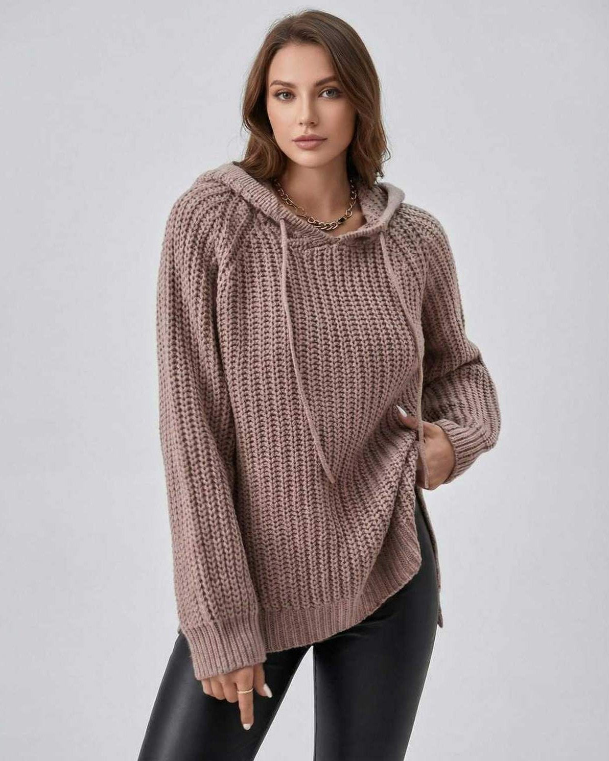 Sienna Sweater by Lauven – Women’s oversized hooded knit sweater in soft beige.