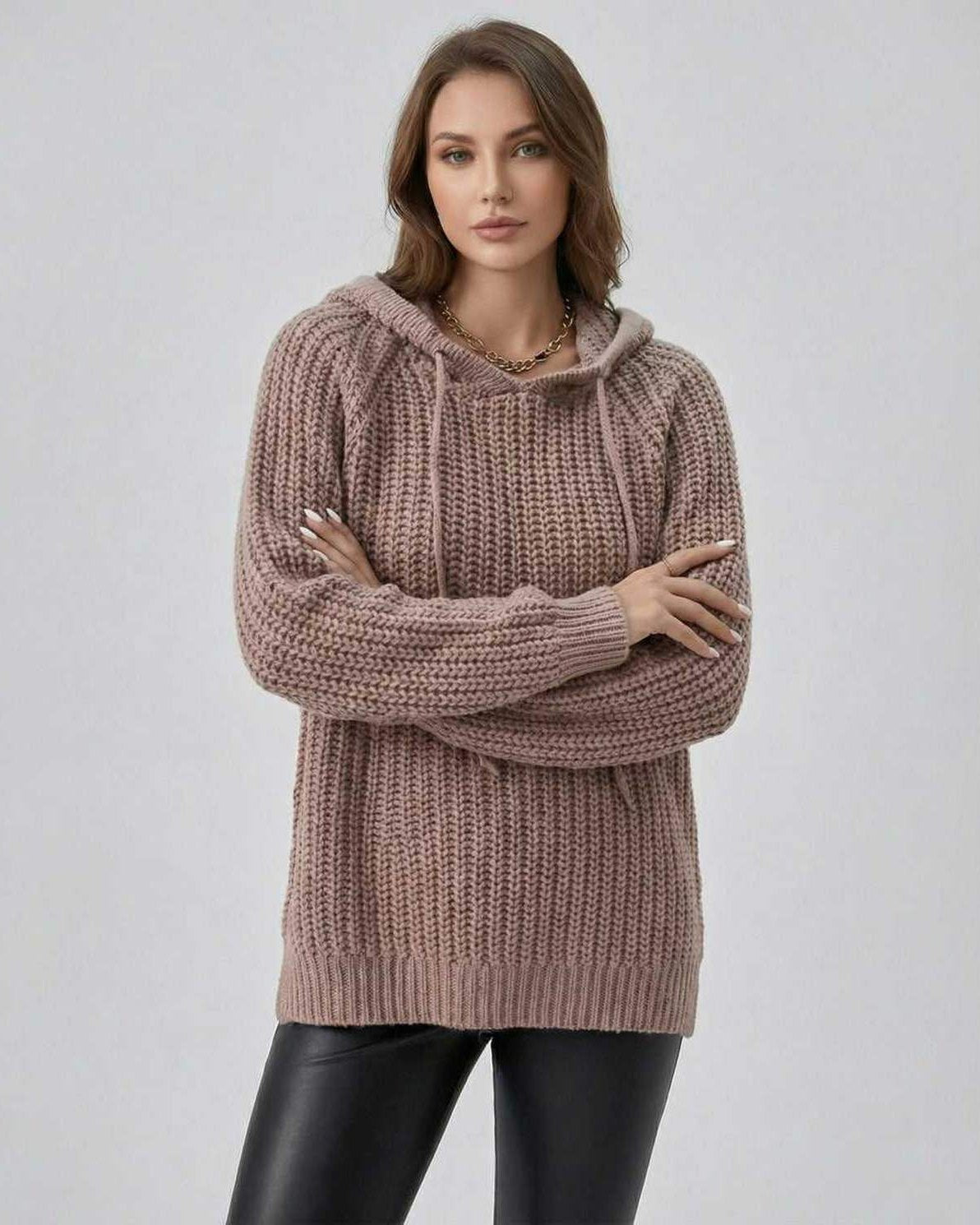Sienna Sweater by Lauven – Women’s hooded oversized knit sweater in soft taupe color.