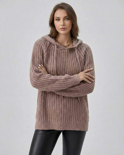 Sienna Sweater by Lauven – Women’s hooded oversized knit sweater in soft taupe color.