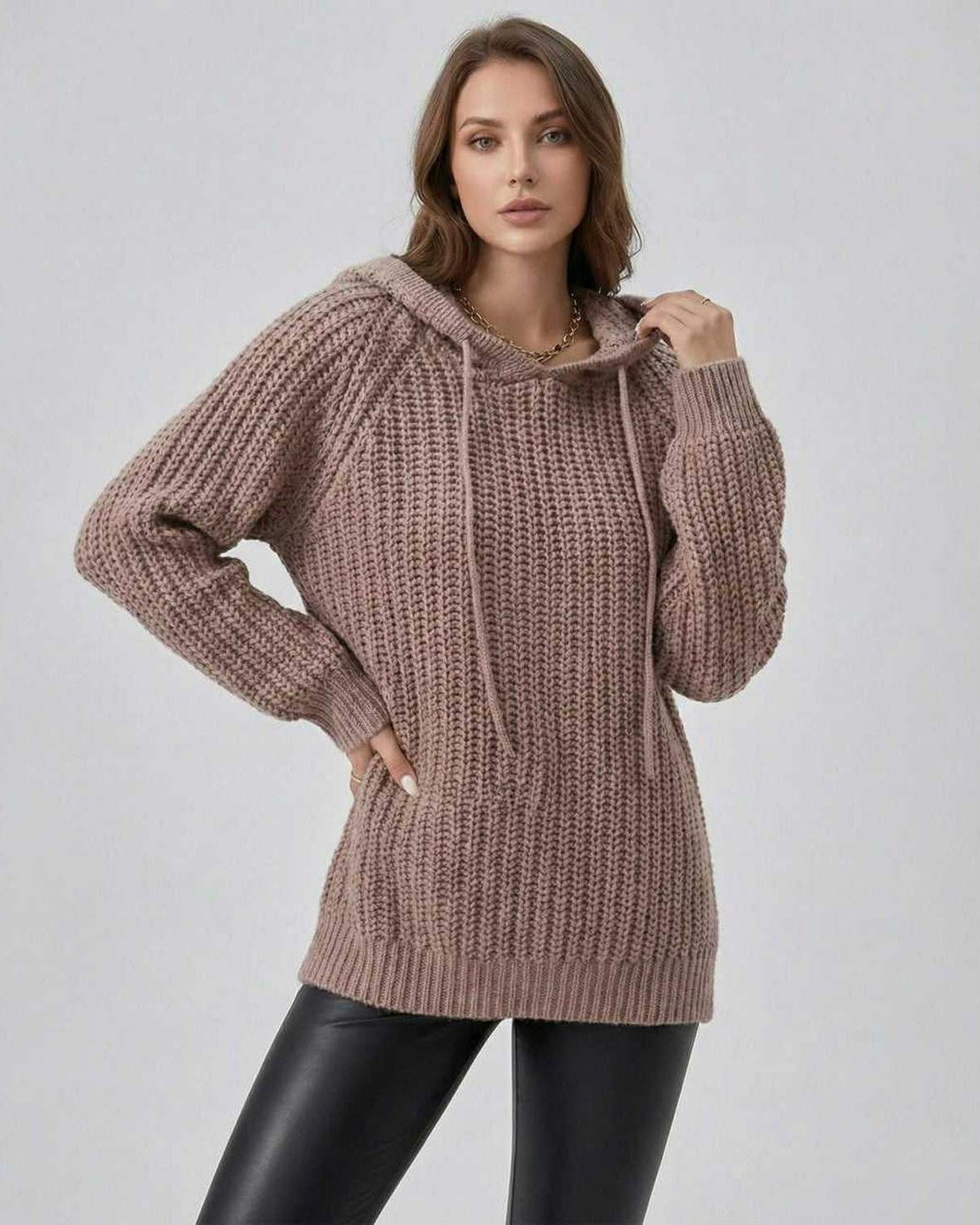 Sienna Sweater by Lauven, women's hooded knit sweater in a chunky texture with an oversized fit.