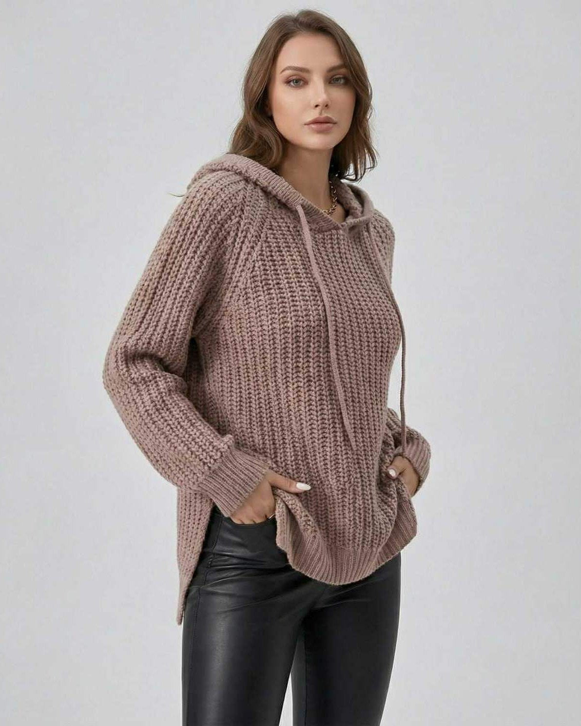 Sienna Sweater by Lauven – Women's oversized knit hooded sweater in soft brown color.