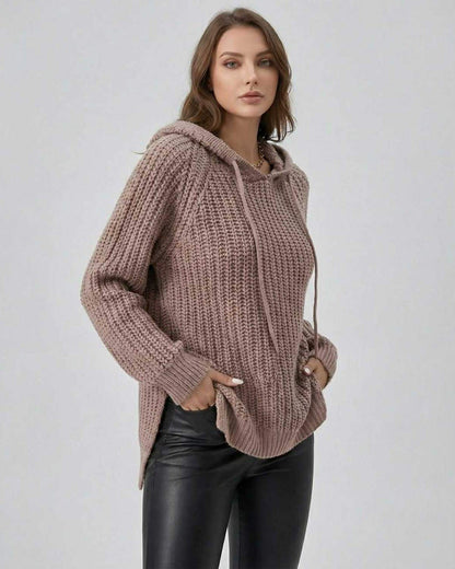 Sienna Sweater by Lauven – Women's oversized knit hooded sweater in soft brown color.