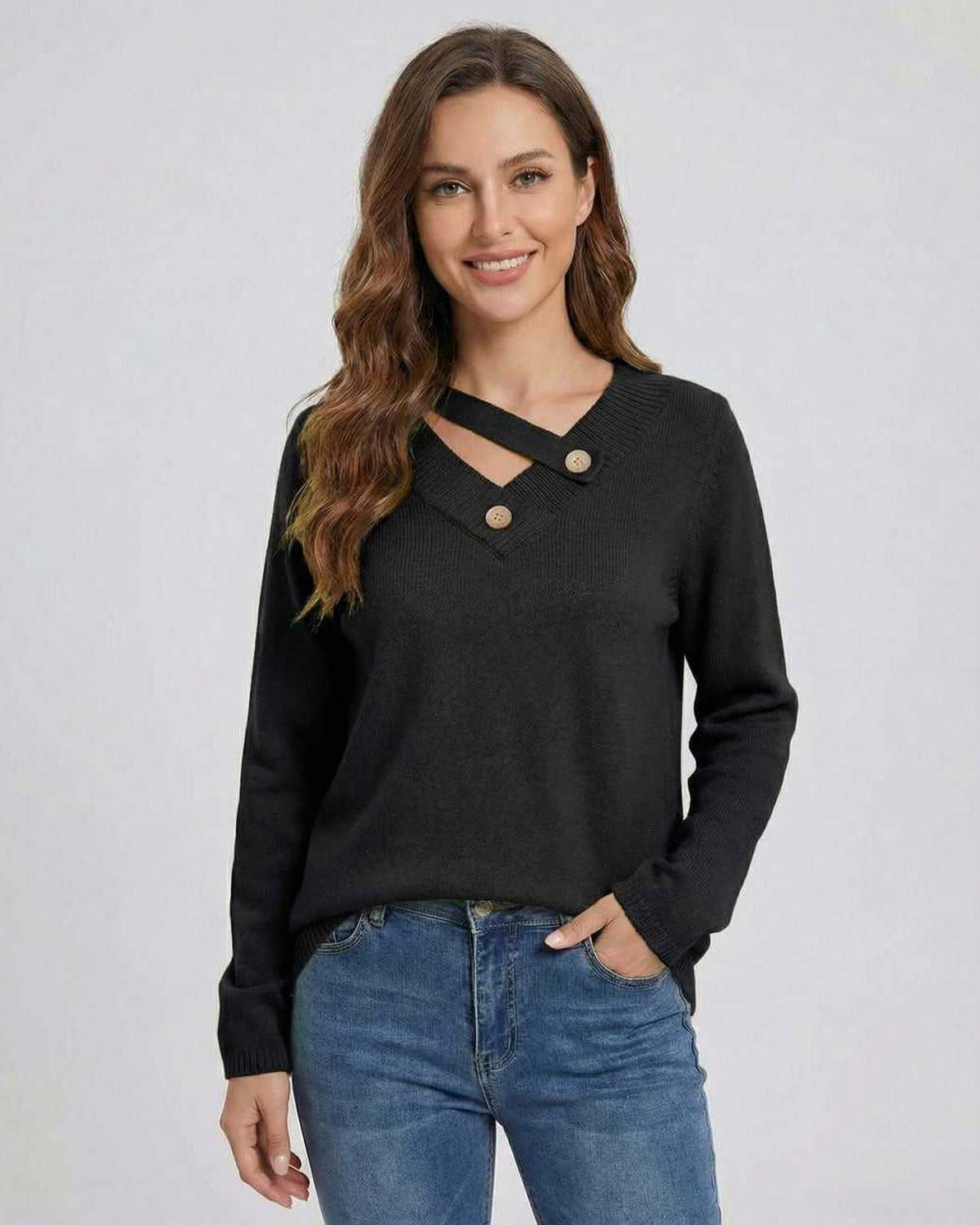 Noiré Sweater by Lauven – Women’s black V neck sweater with button detail and modern design