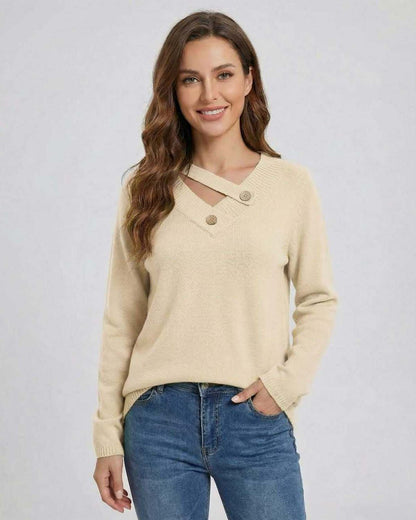 Monaco Sweater by Lauven - Women’s beige V neck sweater with button detail and modern silhouette.