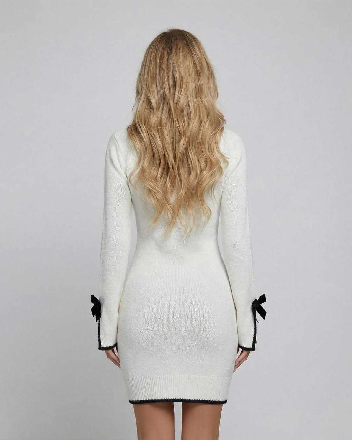Monaco Mini Dress by Lauven, featuring long sleeves, bow detail, and a sleek silhouette in white.