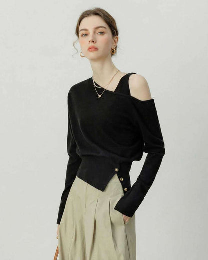 Monaco Pullover by Lauven - Black Off Shoulder Pullover with Asymmetric Knit Detail