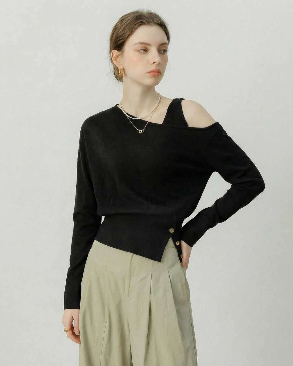 Monaco Pullover by Lauven - Black Off Shoulder Pullover with Asymmetric Knit Detail.