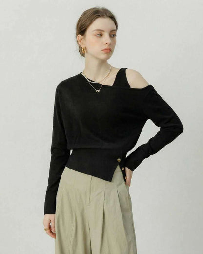 Monaco Pullover by Lauven - Black Off Shoulder Pullover with Asymmetric Knit Detail.