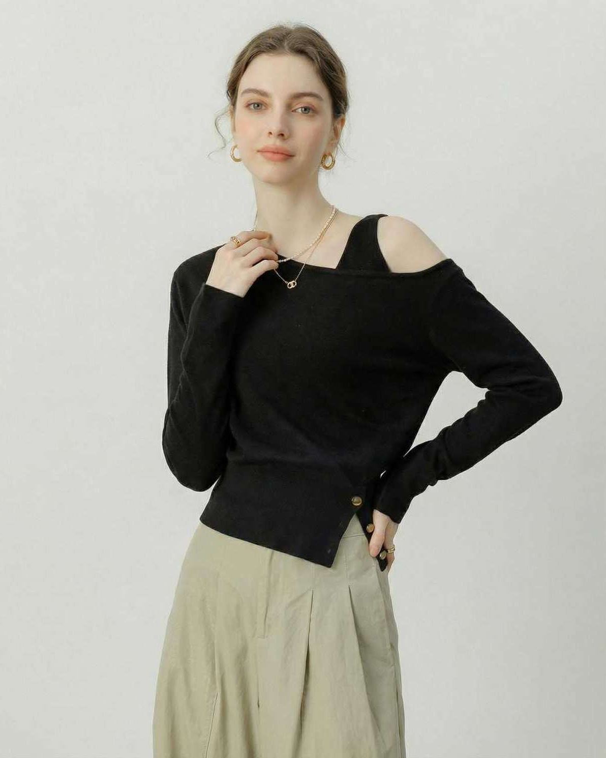 Monaco Pullover by Lauven, black off shoulder pullover with asymmetric knit detail, chic and modern design.