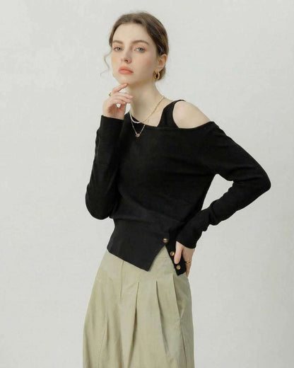 Monaco Pullover by Lauven - Black Off Shoulder Design with Asymmetric Knit Detail, Perfect for Chic Contemporary Wardrobes.