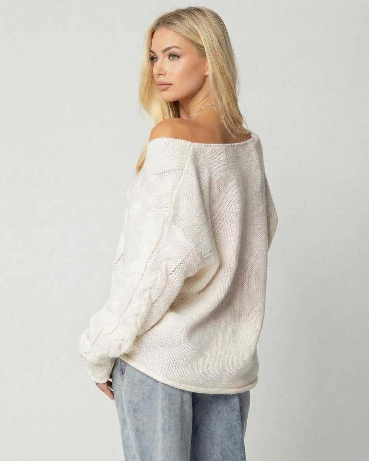 Milano Sweater by Lauven – Women’s White V-Neck Sweater with elegant off-shoulder design and relaxed fit.
