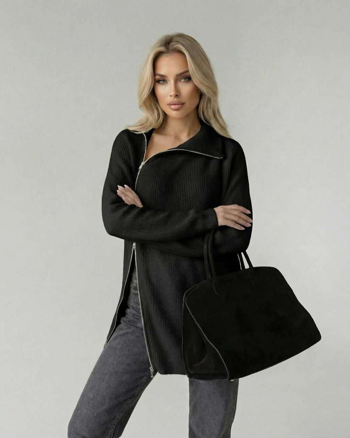 Noir Sweater by Lauven – Women’s Black Turtleneck Sweater with zip detail and loose fit.