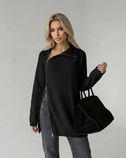 Noir Sweater by Lauven – Women’s Black Turtleneck Sweater with zip detail and a loose fit, perfect for modern style.