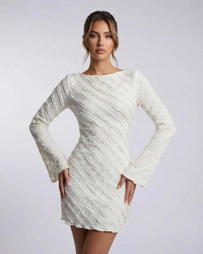 Sienna Mini Dress by Lauven, white long sleeve A-line mini dress with textured finish and soft structured drape.
