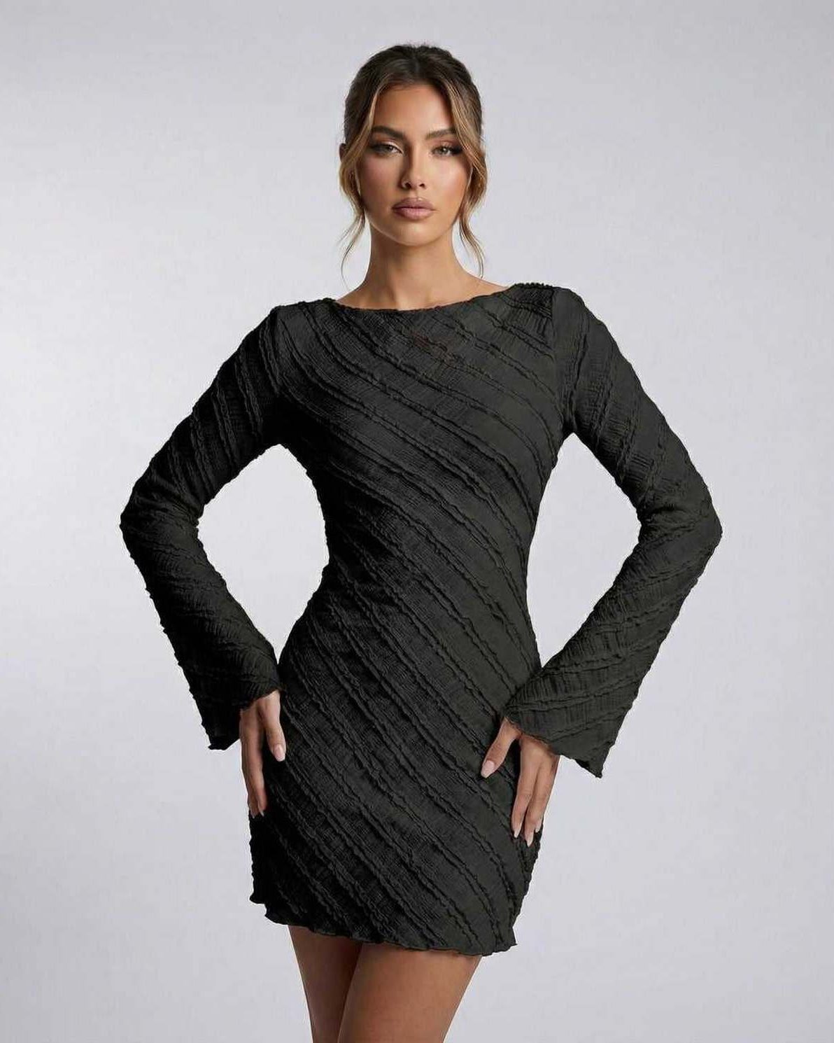 Lauven Monaco Mini Dress - Black Long Sleeve A-Line Cocktail Mini Dress with textured finish.
