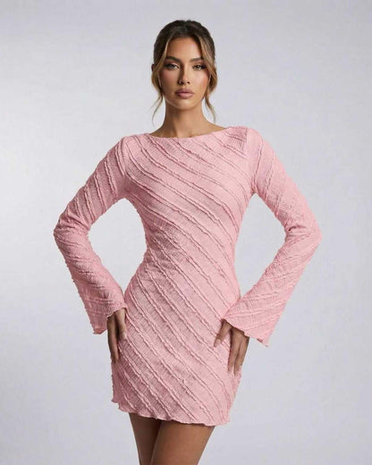 Blush Mini Dress by Lauven - Pink long sleeve A-line cocktail mini dress with textured finish.