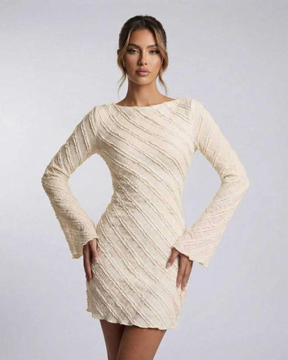 Aurora Mini Dress by Lauven, cream long sleeve A-line mini dress with textured finish and modern boat neck.