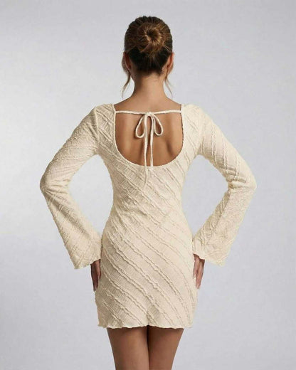 Aurora Mini Dress by Lauven – Cream long sleeve A-line cocktail dress with back tie detail.