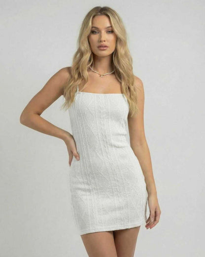 Bianca Mini Dress by Lauven - White bodycon mini dress with open back and textured knit finish.