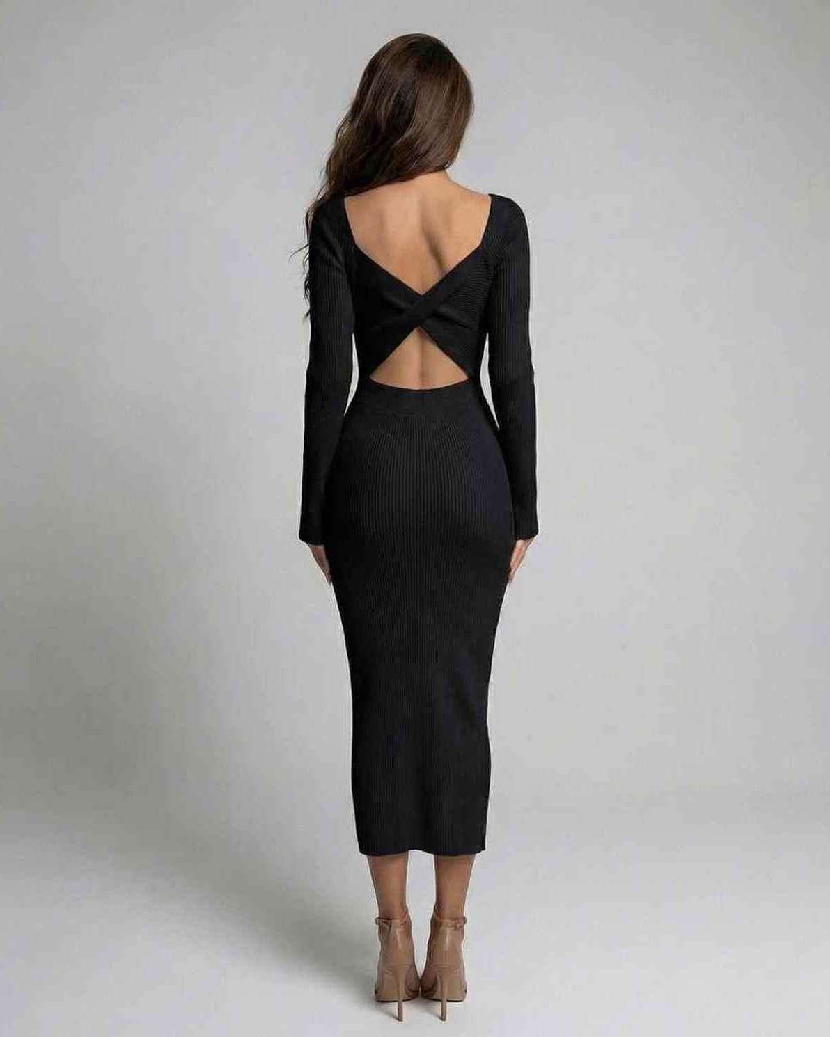 Monaco Midi Dress by Lauven - Women’s Black Bodycon Dress with Long Sleeve and Open Back Detail