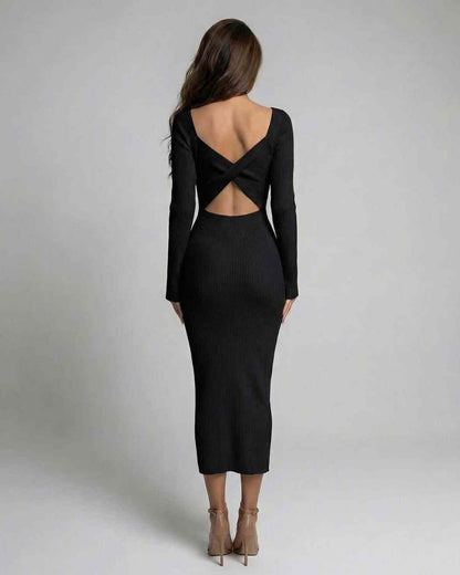 Monaco Midi Dress by Lauven - Women’s Black Bodycon Dress with Long Sleeve and Open Back Detail