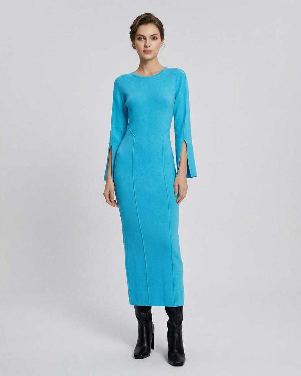 Azurea Midi Dress by Lauven – Women’s blue midi dress with long sleeves and slim fit, perfect for sophisticated occasions.