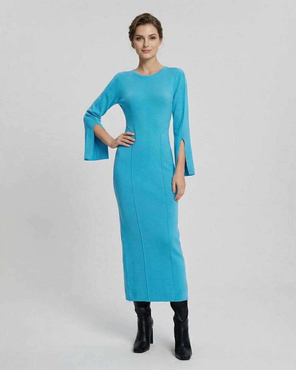 Azurea Midi Dress by Lauven - Women's blue midi dress with long sleeves and slim fit.