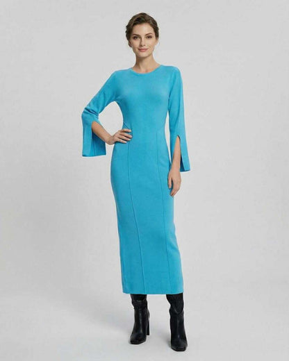 Azurea Midi Dress by Lauven - Women's blue midi dress with long sleeves and slim fit.