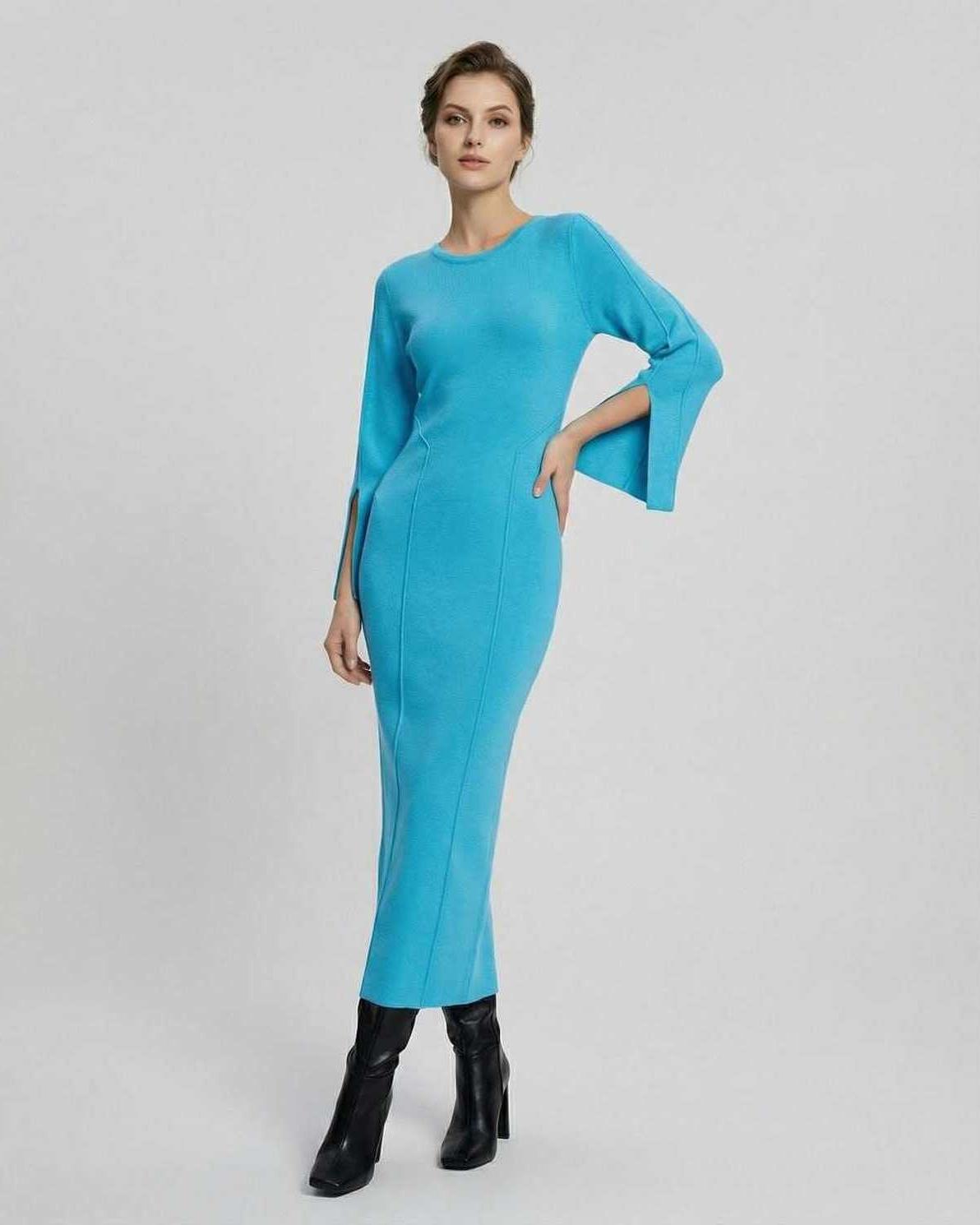 Azurea Midi Dress by Lauven – Women’s Blue Long Sleeve Knit Dress with Slim Fit