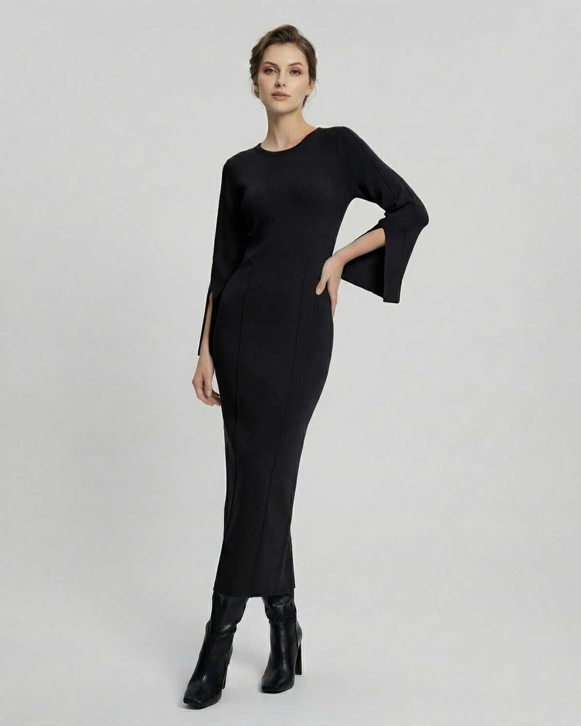 Noiré Midi Dress by Lauven – Elegant women's black midi dress with long sleeves and slim fit silhouette.