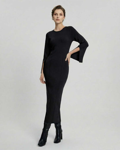 Noiré Midi Dress by Lauven – Elegant women's black midi dress with long sleeves and slim fit silhouette.