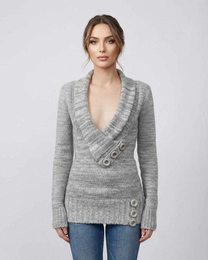 Brielle Sweater by Lauven - Women's Gray V-Neck Sweater with Button Detail, Perfect for Modern Layering