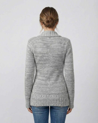 Brielle Sweater by Lauven - Back view of women's gray V-neck sweater featuring button detail.