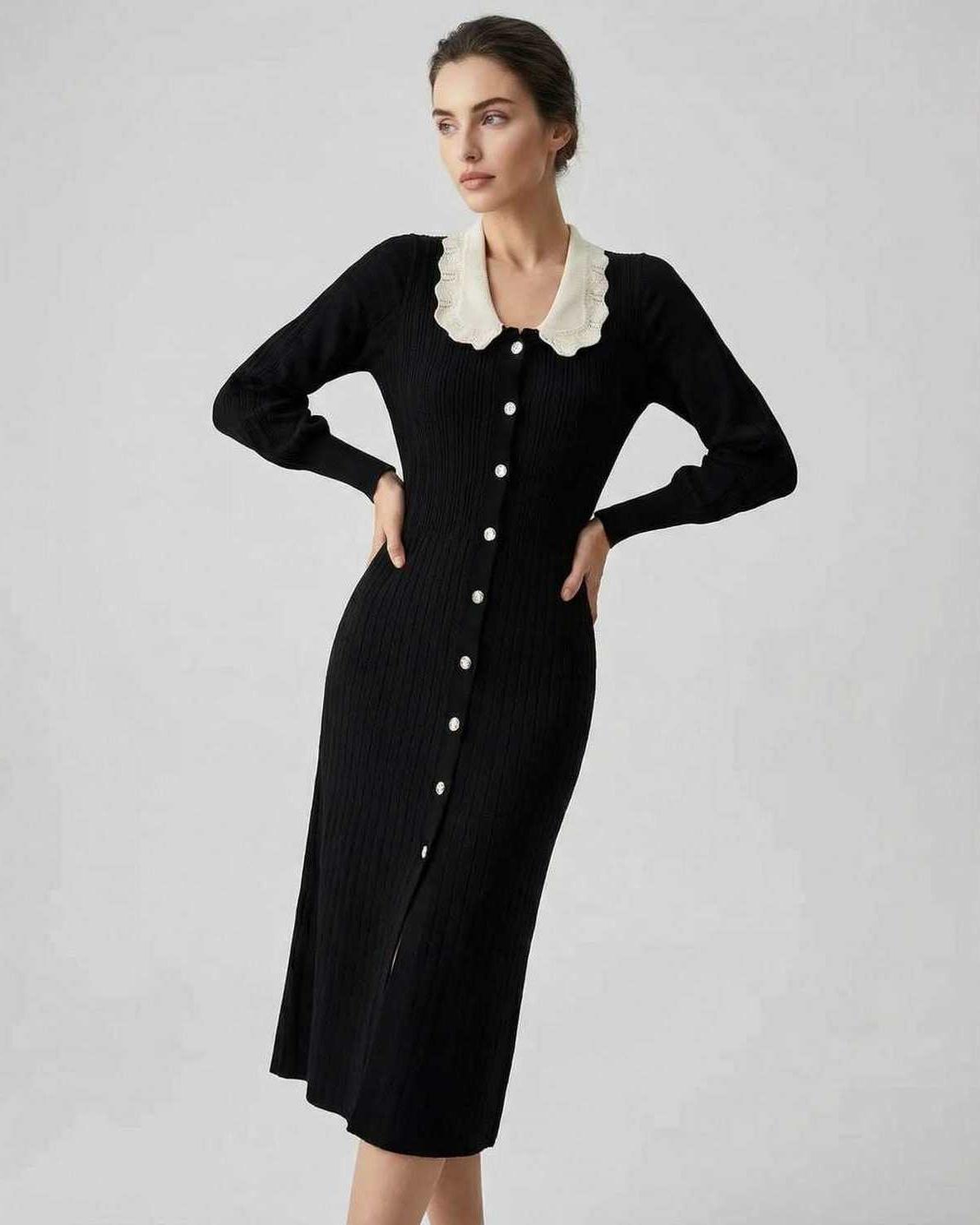 Monaco Midi Dress by Lauven - Women's Black Midi Dress with Long Sleeve and Contrast Collar