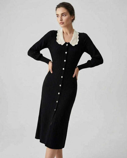 Monaco Midi Dress by Lauven - Women's Black Midi Dress with Long Sleeve and Contrast Collar