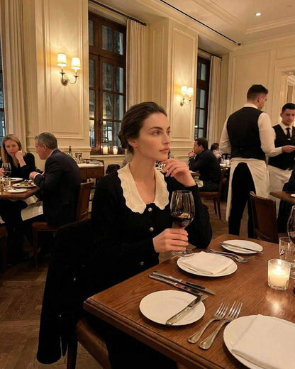 Monaco Midi Dress by Lauven, elegant women's black dress with contrast collar, perfect for sophisticated dining.