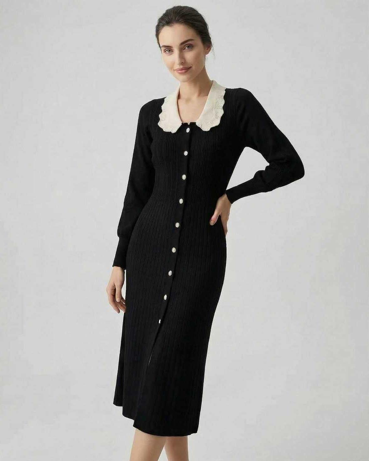 Monaco Midi Dress by Lauven, Women's Black Midi Dress with Long Sleeves and Button-Front Design.