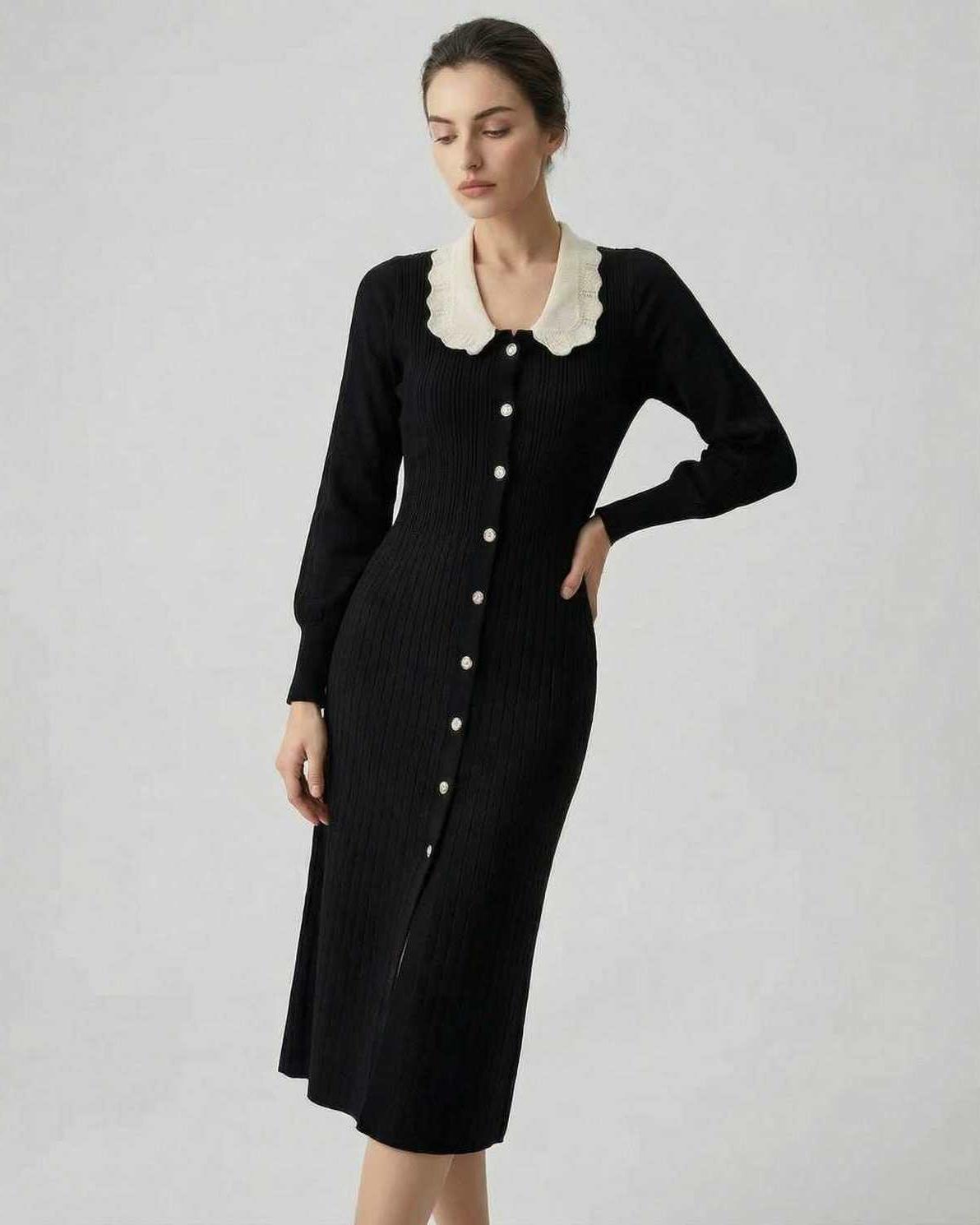 Monaco Midi Dress by Lauven - Women’s black midi dress with long sleeves, slim fit, and contrast collar.