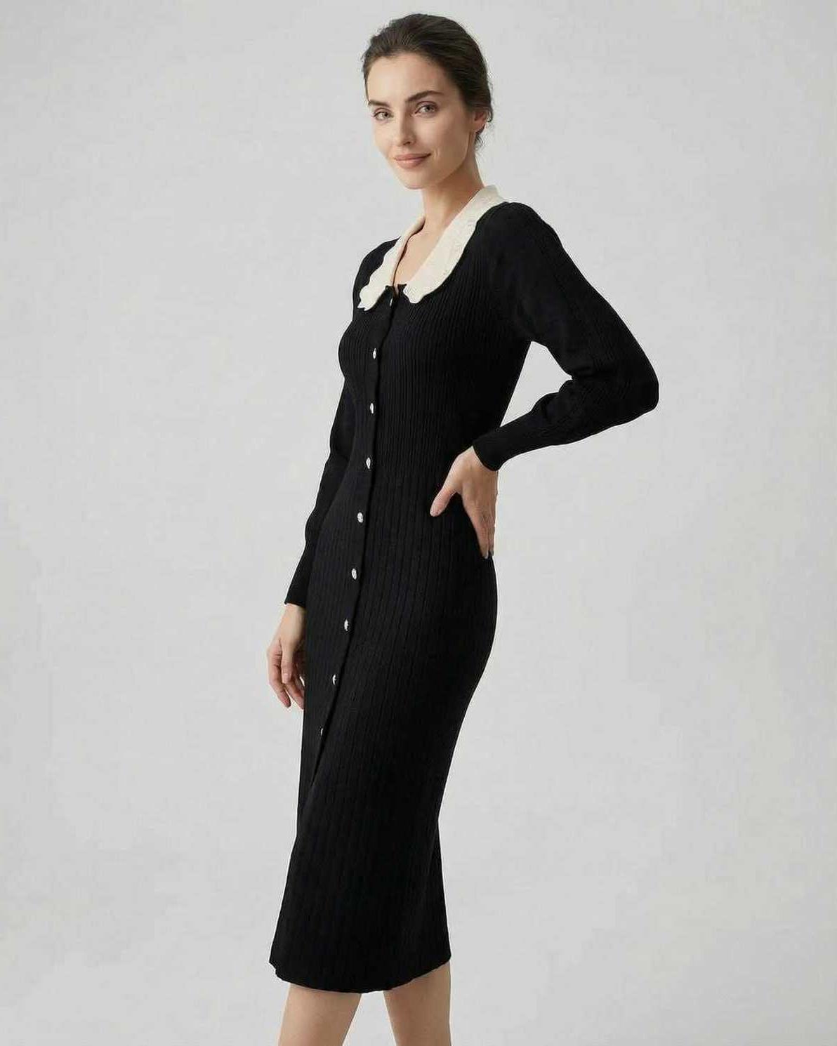 Monaco Midi Dress by Lauven - Women’s black midi dress with long sleeves and contrast collar.