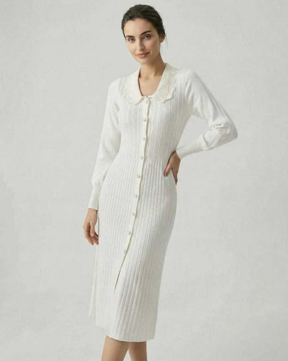 Bianca Midi Dress by Lauven – Women’s white long sleeve ribbed knit dress with scalloped collar and button-front.