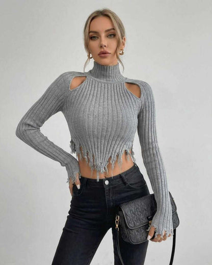 Vega Sweater by Lauven – Women's ribbed knit turtleneck with modern cutout design, stylish and chic.