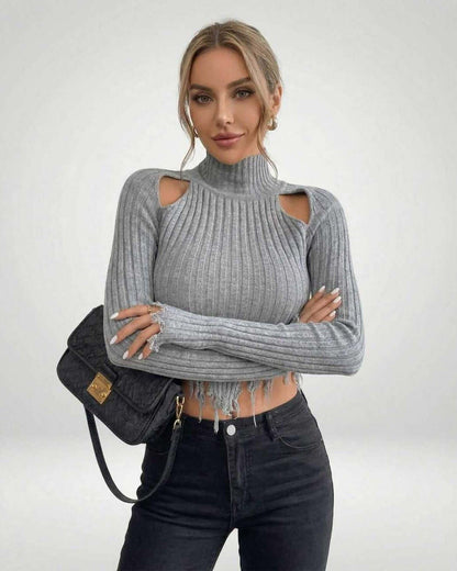 Vega Sweater by Lauven – Women’s ribbed knit turtleneck sweater featuring modern cutout design.