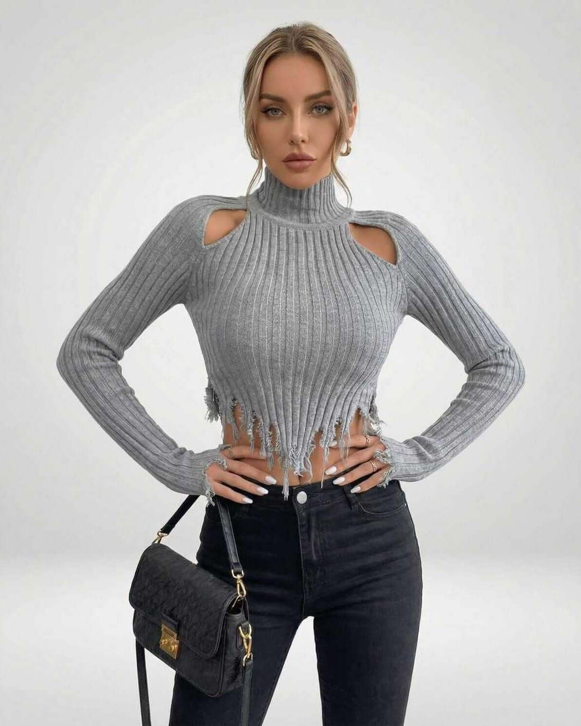 Vega Sweater by Lauven – Women’s ribbed knit turtleneck with cutout design, ideal for modern winter styling.