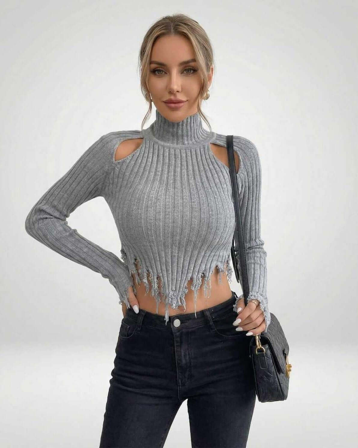 Vega Sweater by Lauven – Women’s ribbed knit turtleneck sweater with modern cutouts and a chic silhouette.