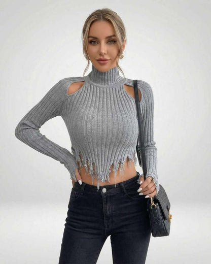Vega Sweater by Lauven – Women’s ribbed knit turtleneck sweater with modern cutouts and a chic silhouette.