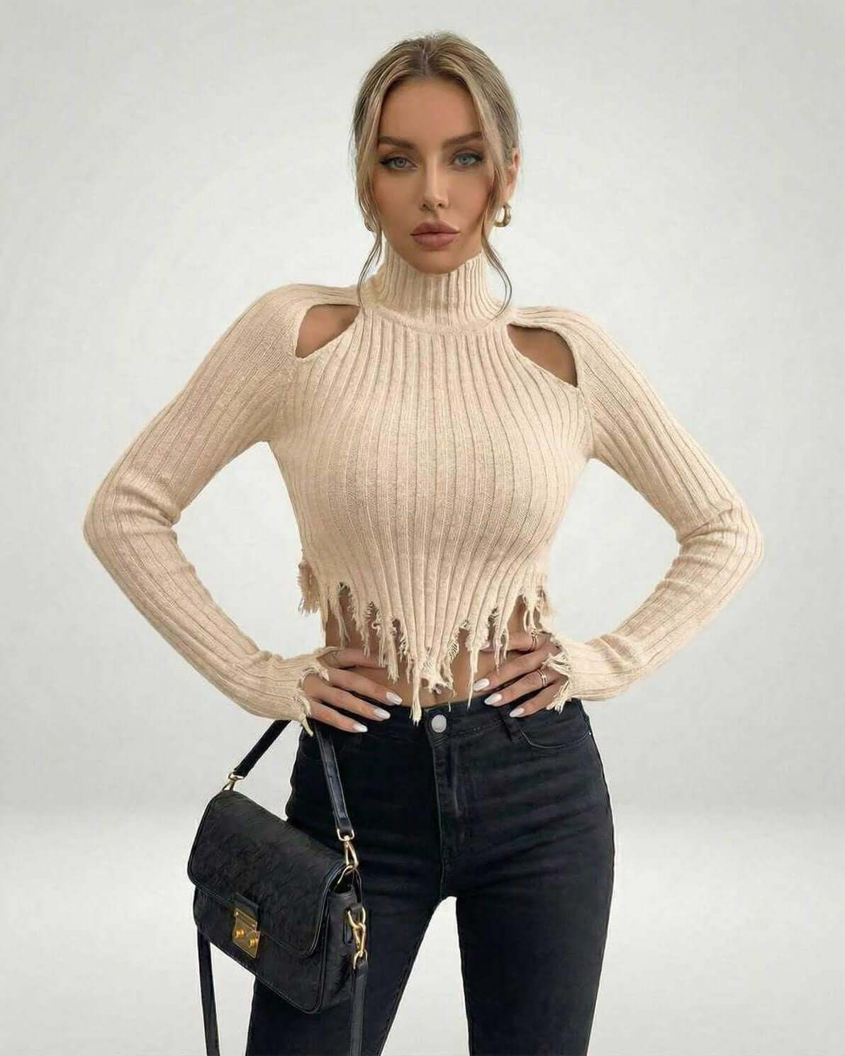 Lyra Sweater by Lauven – Beige Ribbed Knit Turtleneck with Cutout Detail and Frayed Hem