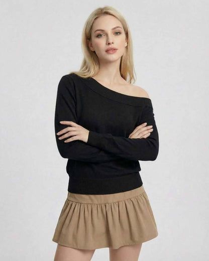 Milano Pullover by Lauven - Women's black off shoulder pullover sweater with a slim fit, perfect for stylish outfits.
