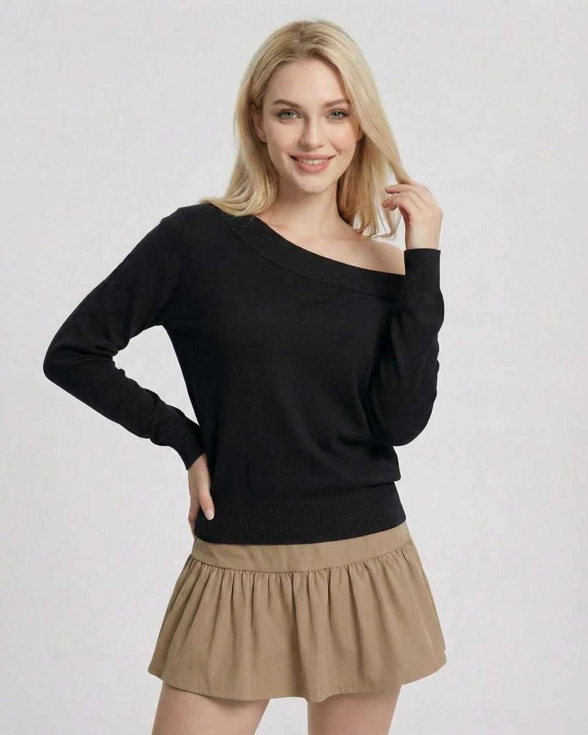 Milano Pullover by Lauven - Women's black off shoulder sweater with slim fit and contemporary design.